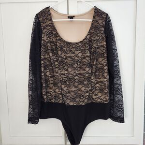Torrid Women Large 0 Stretch Black Lace Scoop Neck Bodysuit Sheer Long Sleeves